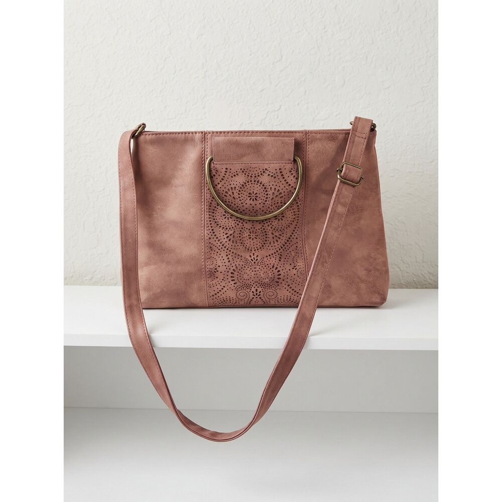Boho Laser Cut Crossbody Bag Cognac Brown Ring Handle Festival Bag